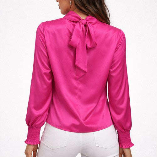 High Neck Blouse in Fuchsia Satin