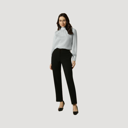 Elastic Cuff High Neck Blouse in Mint Satin