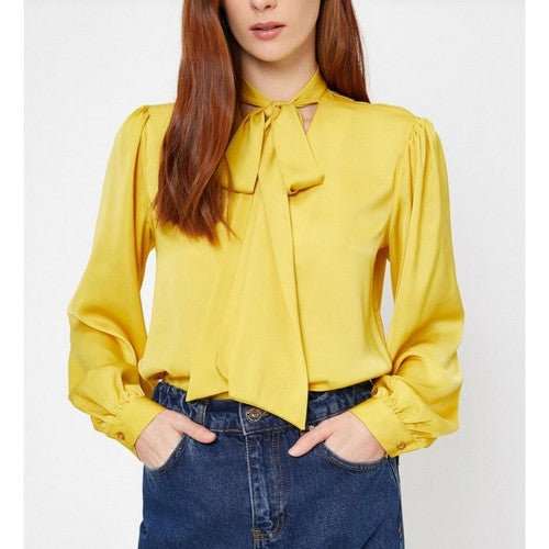 Satin Pussy Bow Blouse in Mustard