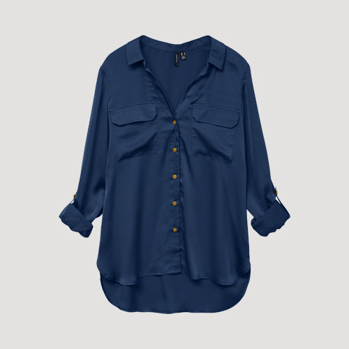Gold Button Roll Sleeve Collarless Shirt in Navy Satin