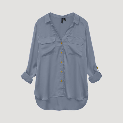Gold Button Roll Sleeve Collarless Shirt in Pale Blue Sateen