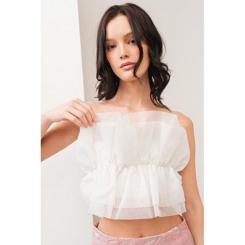 Tulle Ruffle Tube Top in Ivory