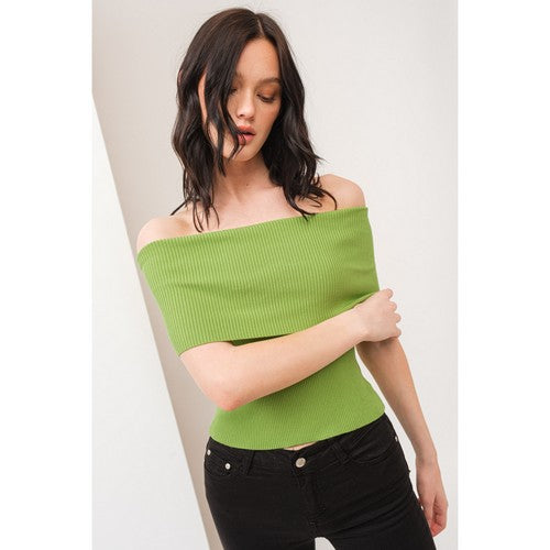 Yoko Off-Shoulder Rib Sweater Top in Sage