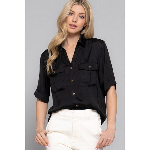Split Neck Satin Patch Pocket Shirt in Black