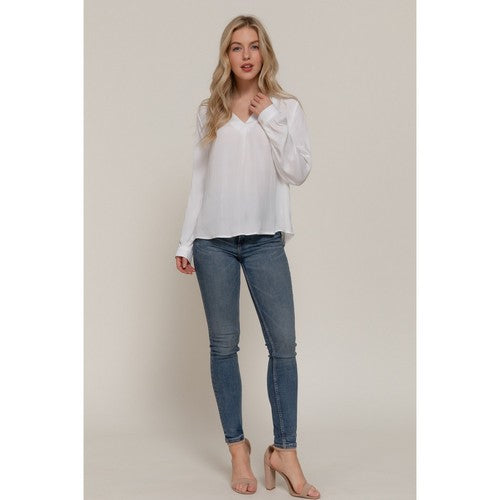 V Neck Satin Blouse in White