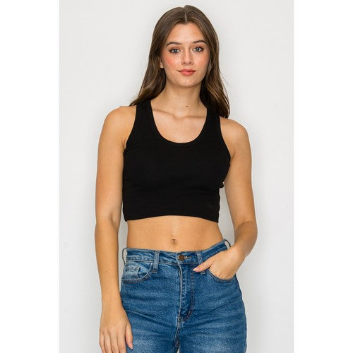 Scoop Neck Crop Rib Tank Top in Black