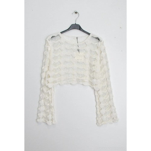 Crochet Long Sleeve Crop Top in Ivory