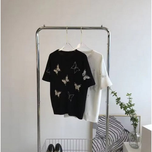 Rhinestone & Pearl Butterfly Dressy Tee in Black
