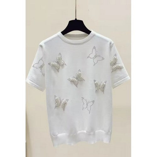 Rhinestone & Pearl Butterfly Dressy Tee in White