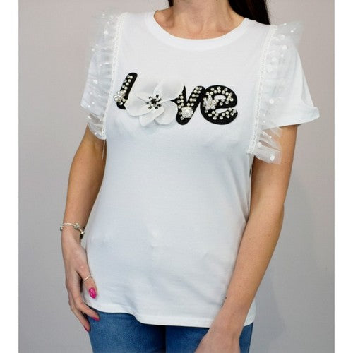MB30 Love Rhinestone & Pearl Ruffle Dressy Tee in White