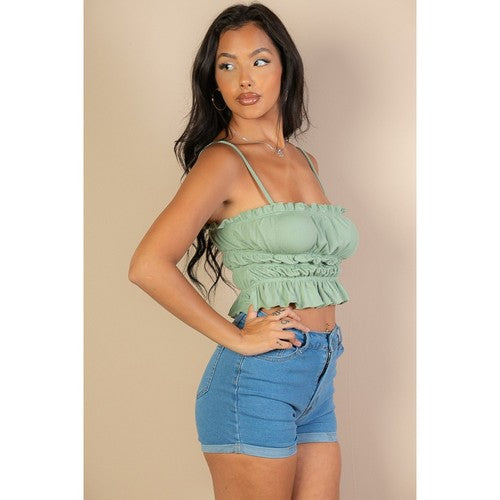 Spaghetti Strap Tiered Shirred Crop Top in Green Bay