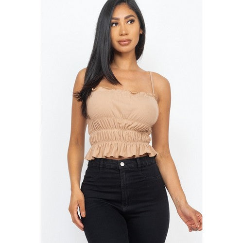 BT3143-C0921 Spaghetti Strap Tiered Shirred Crop Top in Latte