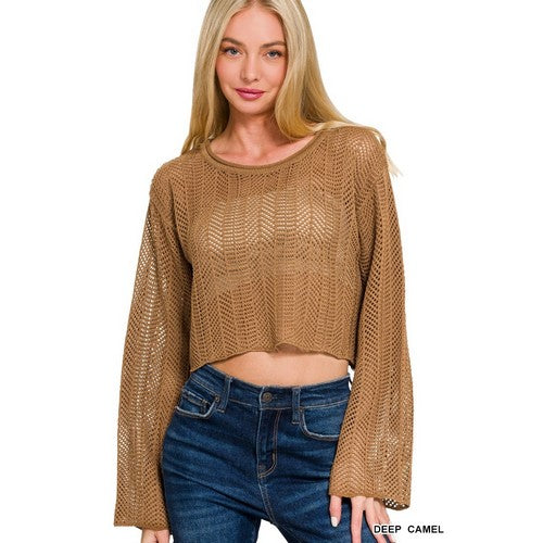 Crochet Crop Sweater in Deep Camel