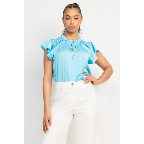 Satin Flutter Sleeve Blouse in Aqua Blue