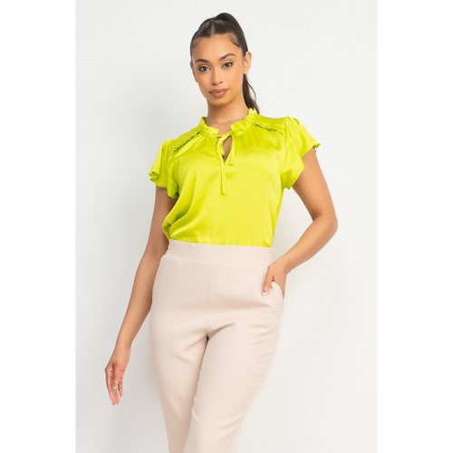 Satin Flutter Sleeve Blouse in Neon Lime