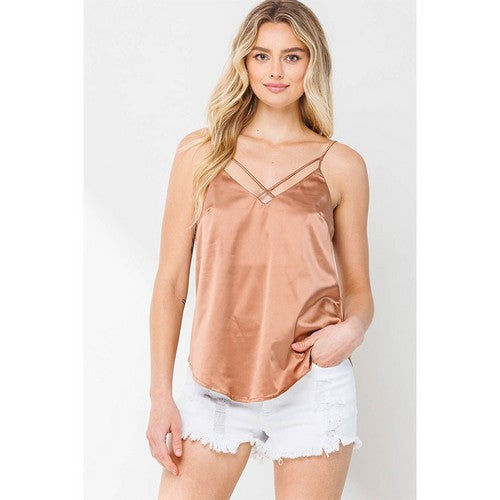 Cross Front Satin Cami Vest Top in Cafe