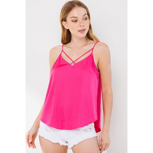 Cross Front Satin Cami Vest Top in Fuchsia