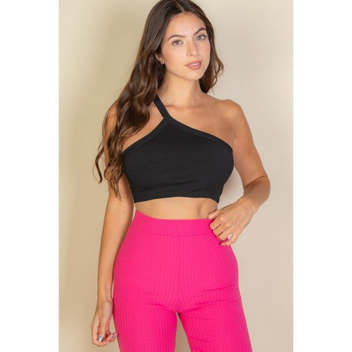 One Shoulder Ribbed Cropped Top in Black