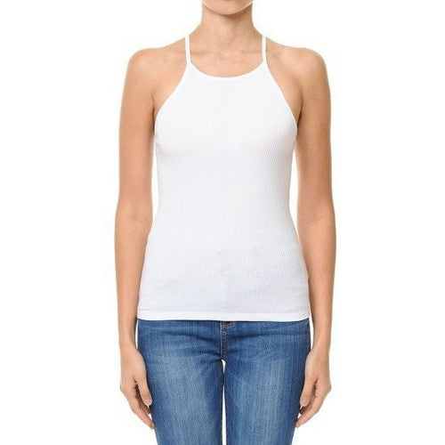 69319 Ribbed Cami Halter Tank in White