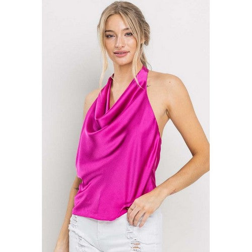 Satin Cowl Neck Halter Top in Fuchsia