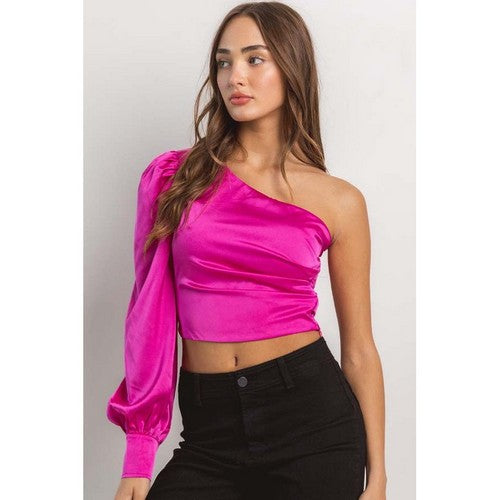 Satin One Sleeve Crop Top in Fuchsia