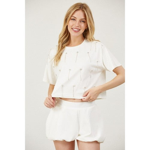 Rhinestone Strand Crop Dressy Tee in White