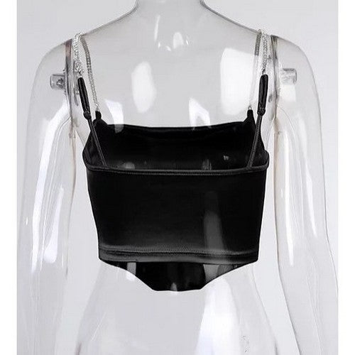 Rhinestone Strap Satin Corset in Black