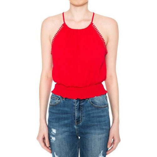 73531 Pom-Pom Lace Trim Halter Top in Bold Red