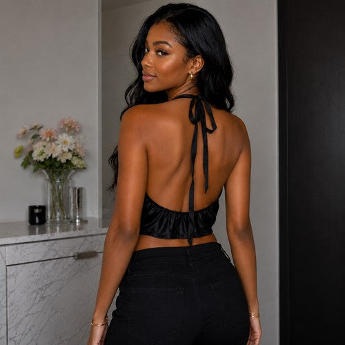 Sateen Handkerchief Crop Halter Top in Black