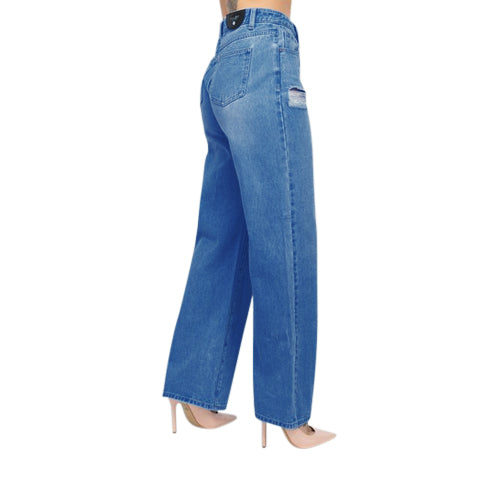 Denim BLVD Destructed Mom Jeans in Medium Denim