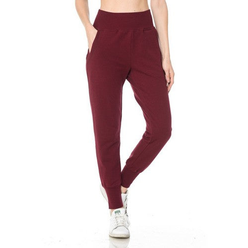 French Terry High Waist Joggers in Burgundy