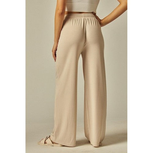Rib Wide Leg Jogger Pants in Milk Tea