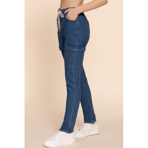 Cargo Pocket Jegging Jeans Pants in Deep Blue Denim