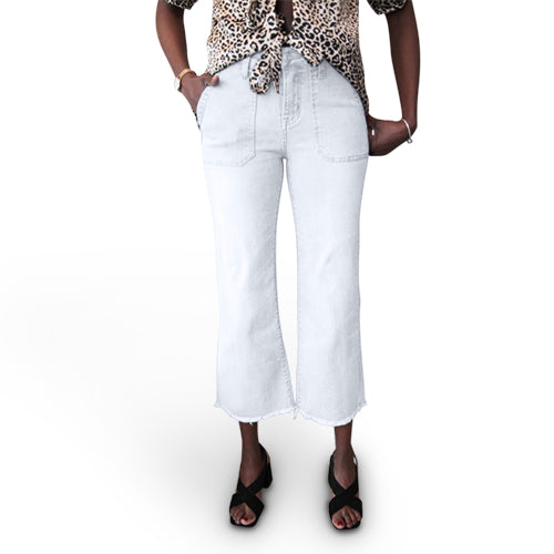 Nina Carter Frayed Hem Patch Pocket Crop Flare Jeans in White Denim