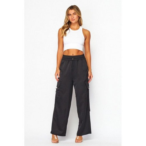Satin Drawstring Cargo Pants in Black