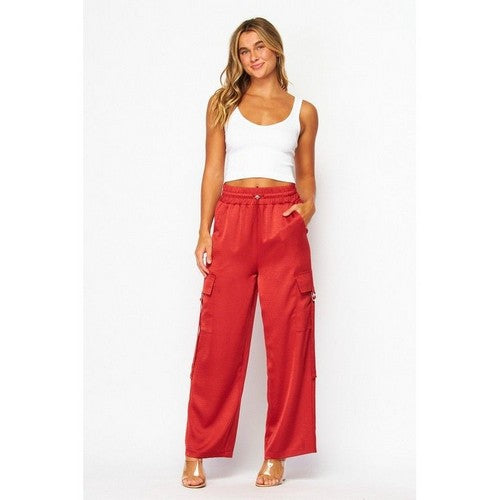 Satin Drawstring Cargo Pants in Scarlet Red