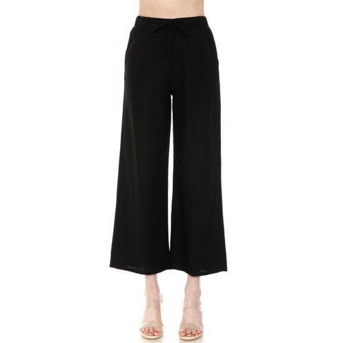74156 Ankle Length Drawstring Linen Pants in Black