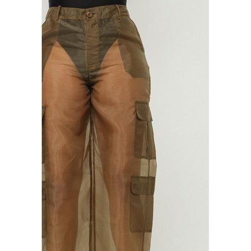 Organza Wide Leg Cargo Pants in Olive