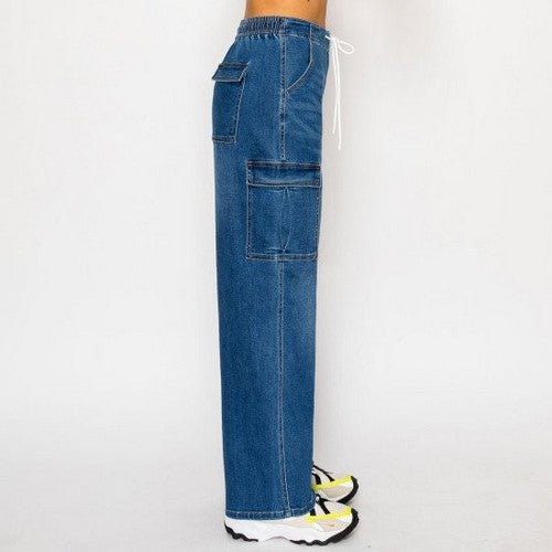 Wax Jean Tie Waist Cargo Jeans in Light Denim