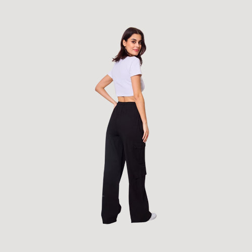 Linen-Look Double Pocket Cargo Pants in Black