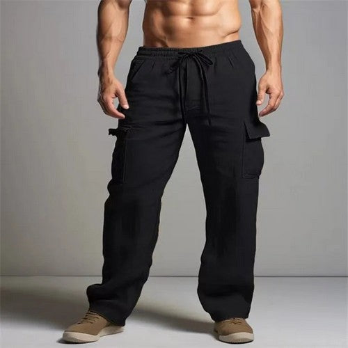 Linen Blend Cargo Pants in Black