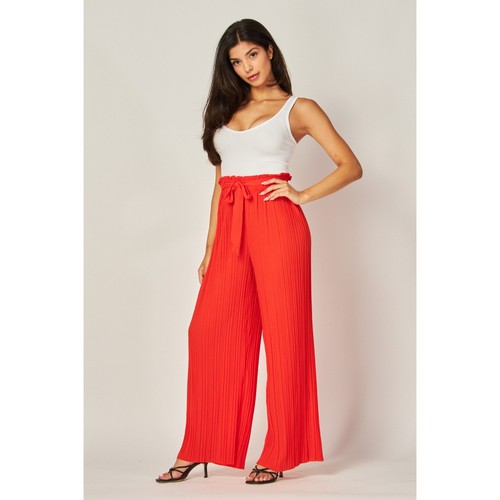 Pleated Belted Palazzo Pants in Red Flaire