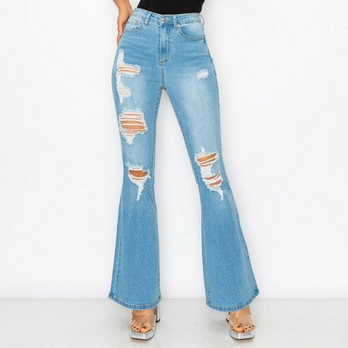 Wax Jean Blown-Out Destructed Flare Jeans in Light Denim