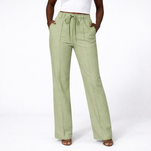 Mango Front Seam Drawstring Linen-Look Pants in Green