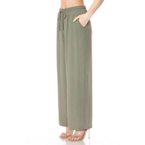 Linen-Look Wide Leg Pants in Military Green