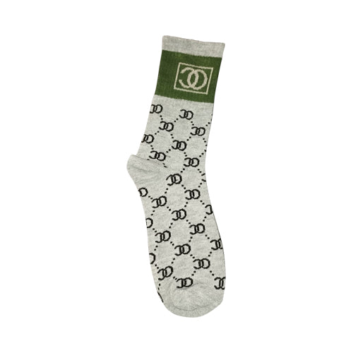 OC Monogram Print Designer Dress Socks in Grey