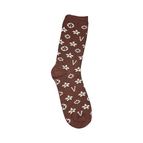 V Monogram Print Designer Dress Socks in Brown