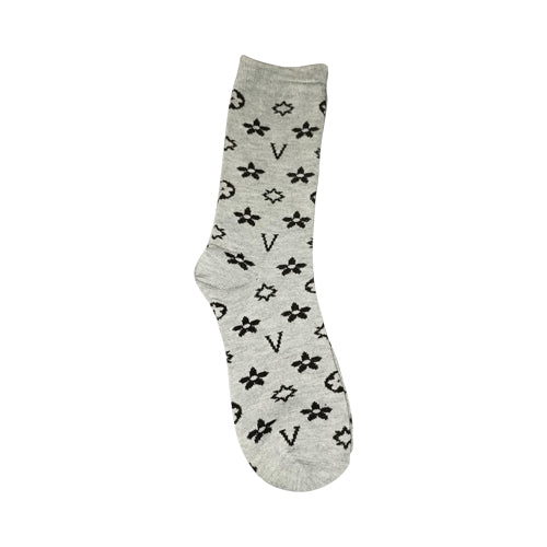 V Monogram Print Designer Dress Socks in Grey