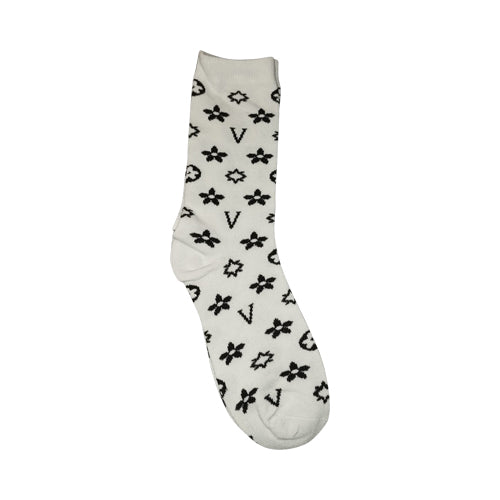 V Monogram Print Designer Dress Socks in White