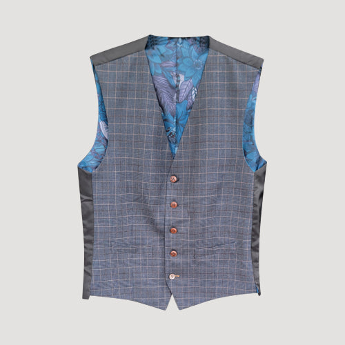 Antique Rogue Plaid Floral Waistcoat in Navy with Brown Stripes